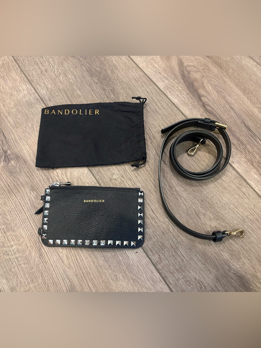 NWT Bandolier Black Leather Studded Wallet and Detachable Strap